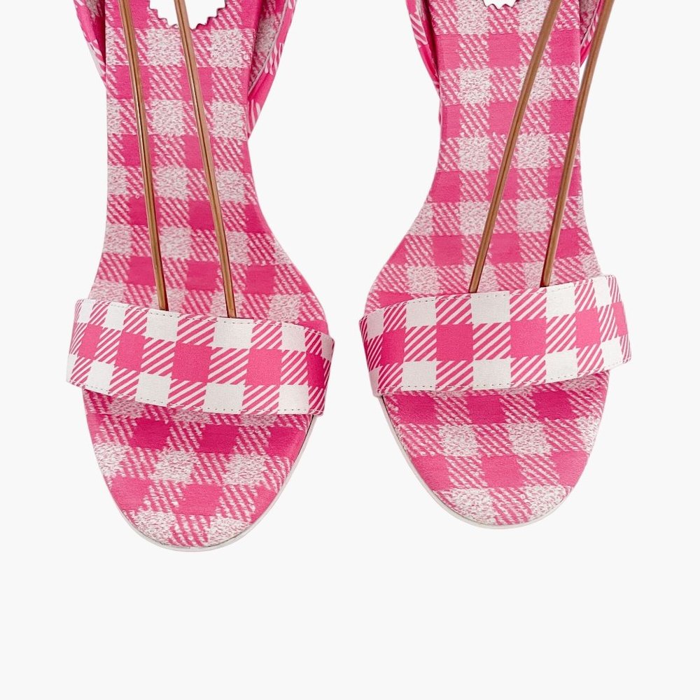 Louboutin Sandale Du Desert 100 EU 39 US 9 Pink Gingham Ankle Wrap High Heel - Picture 3 of 11